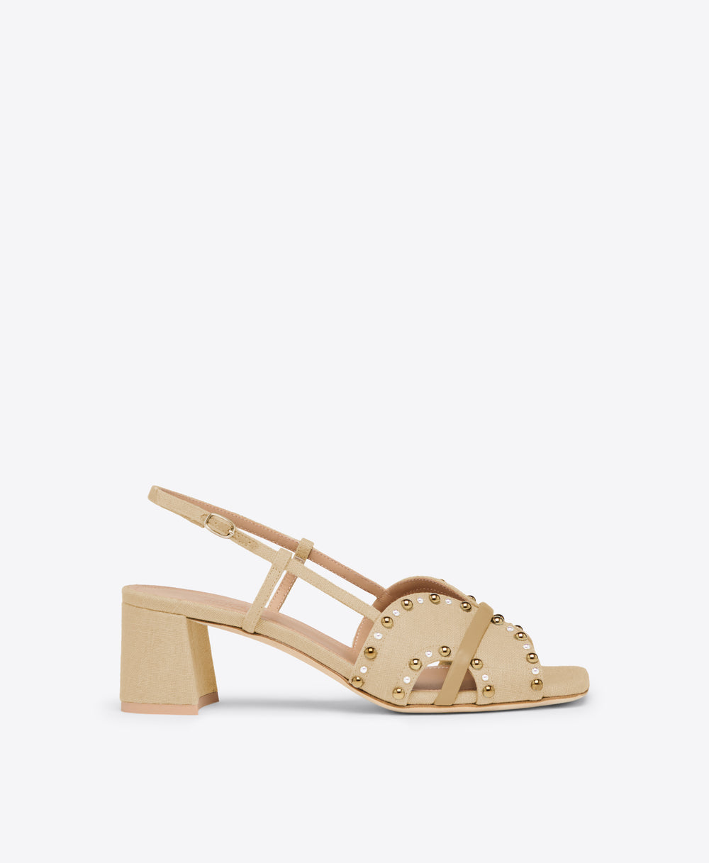 Beige Linen Kitten Heel Sandals Malone Souliers