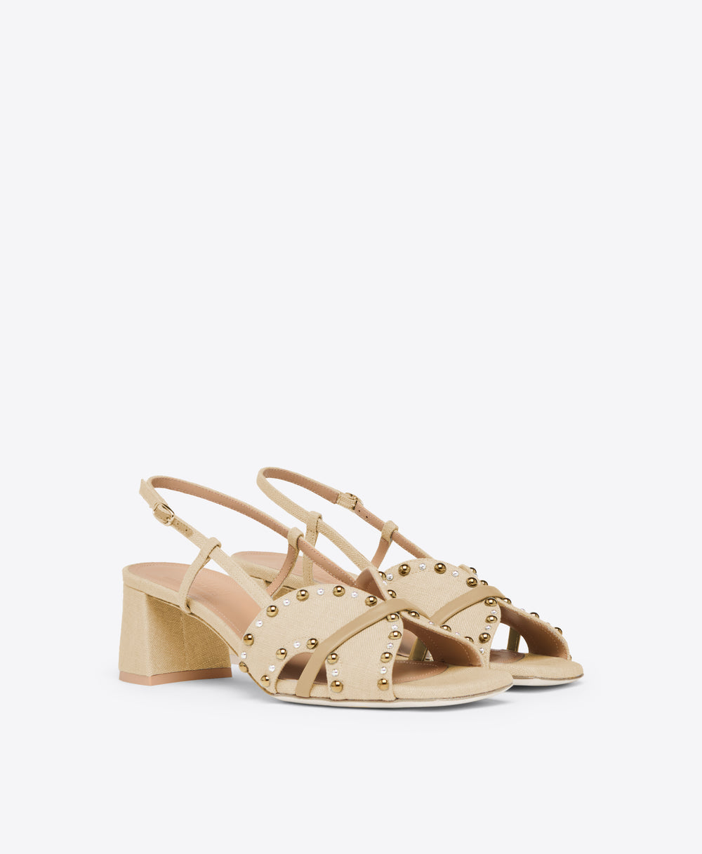 Beige Linen Kitten Heel Sandals Malone Souliers