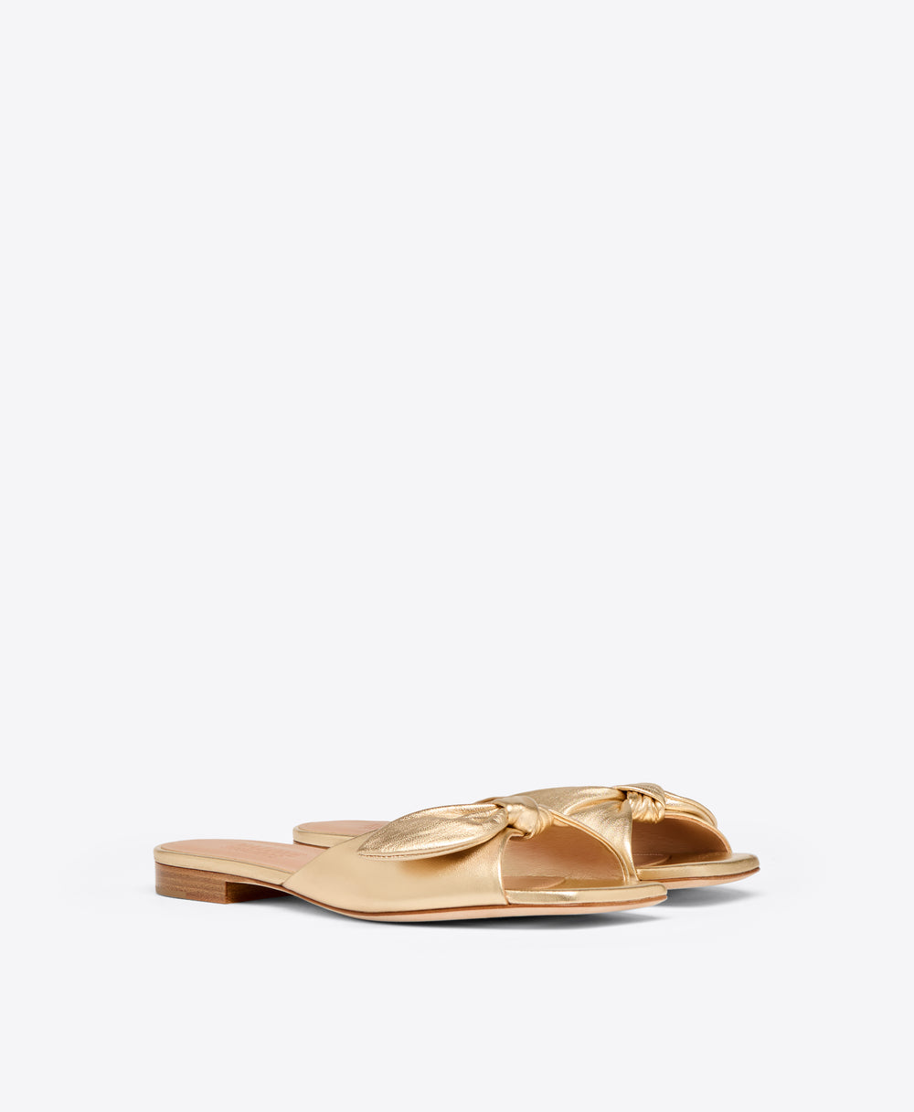 Gold Metallic Leather Flat Sandals with Knot Malone Souliers