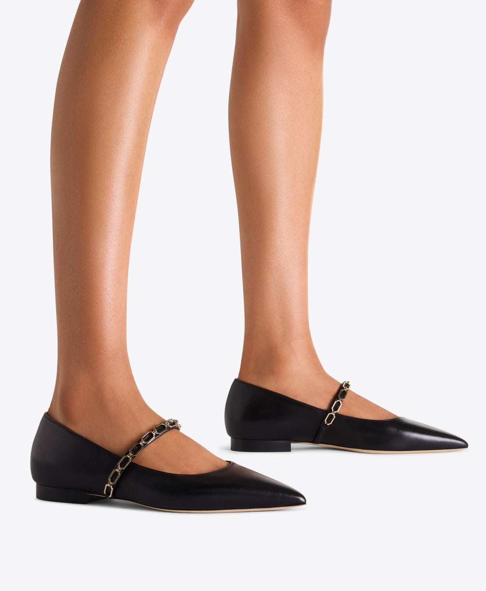 Virna Black Leather Flat Pumps with Strap Detail Malone Souliers